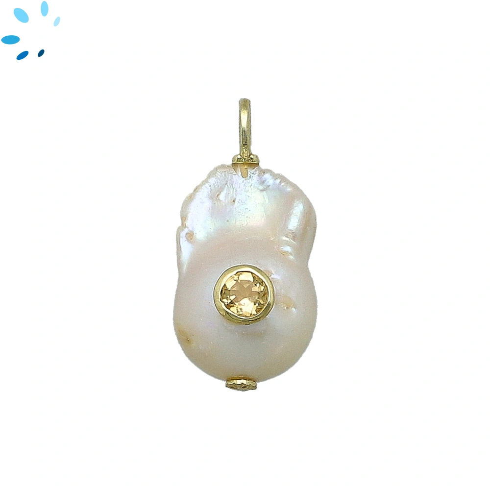 Baroque Pearl & Citrine Inlay Pendant Charm 17x12-23x14mm - 18k Gold Plated Sterling Silver - 1 Piece