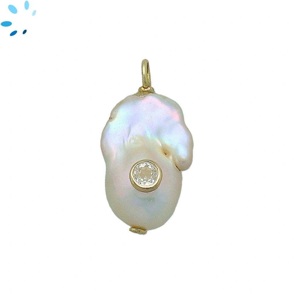 Baroque Pearl & White Topaz Inlay Pendant Charm 17x13-20x14mm - 18k Gold Plated Sterling Silver - 1 Piece