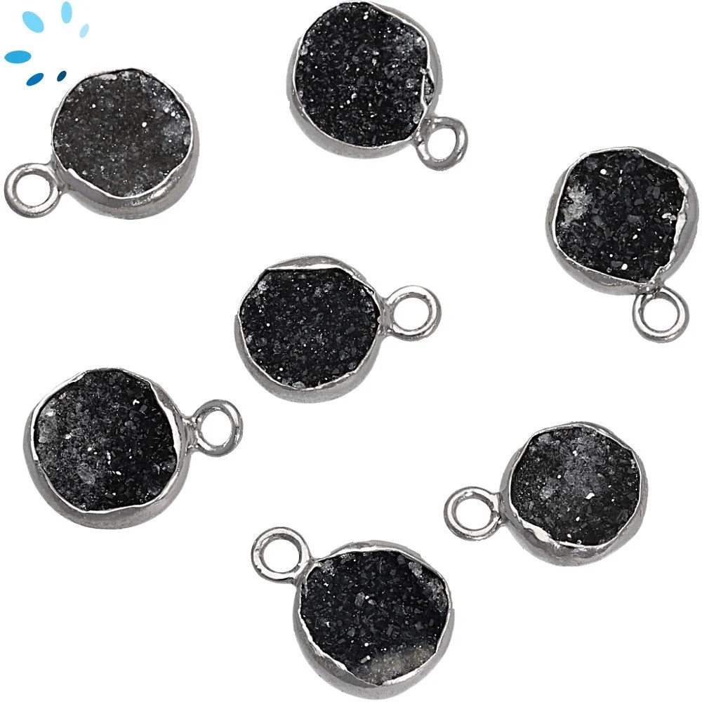 Black Druzy Coin Bezel Pendant Charm 9mm - Platinum Plated Sterling Silver - Set of 4