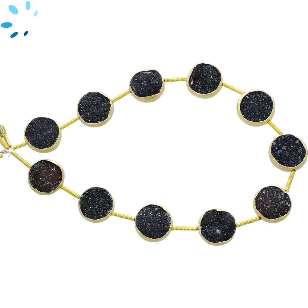 Black Druzy Coin Bezel Set Beads 10 - 11mm Center Drilled - 18k Gold Plated Sterling Silver