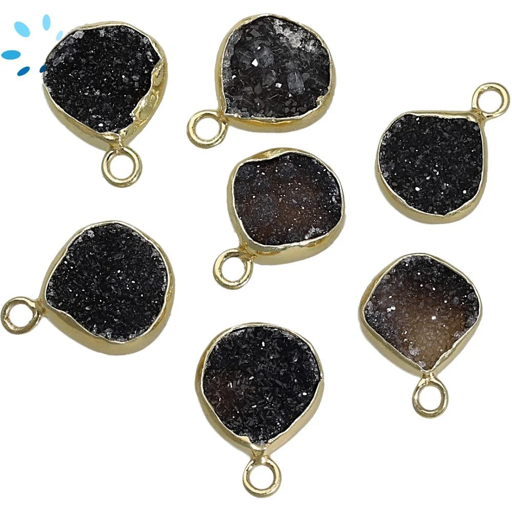 Black Druzy Heart Bezel Charm Pendant 8x8 - 10x10mm - 18k Gold Plated Sterling Silver - Set of 4