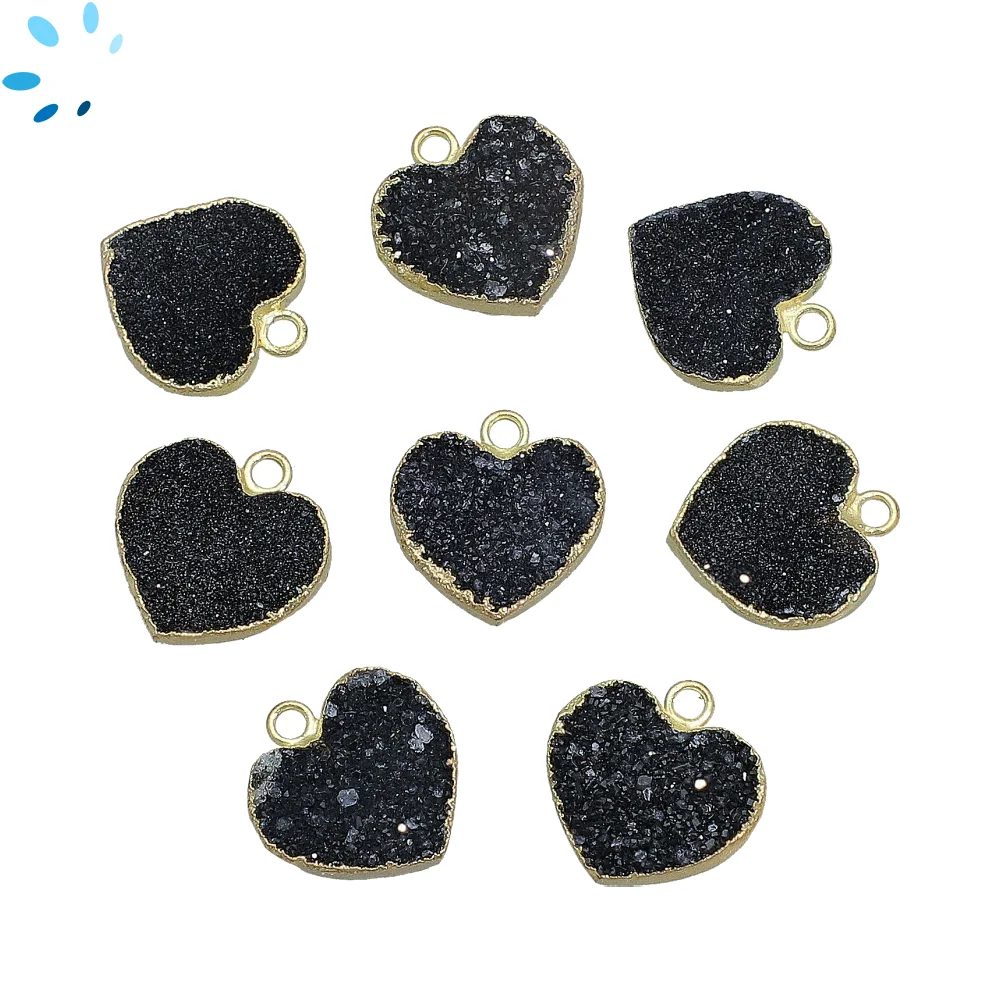 Black Druzy Heart Charm Pendant 14mm 18k Gold Electroplated - Set of 4