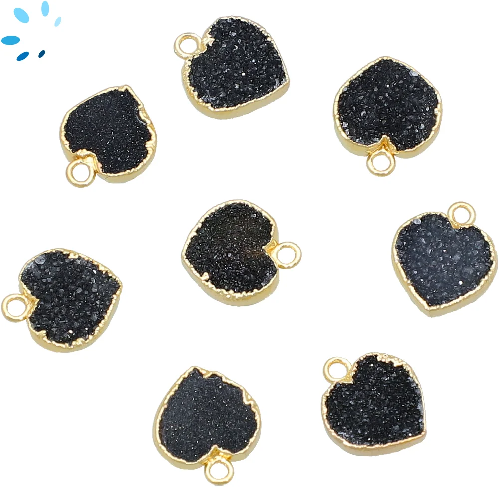 Black Druzy Heart Charm Pendant 9mm 18k Gold Electroplated - Set of 4