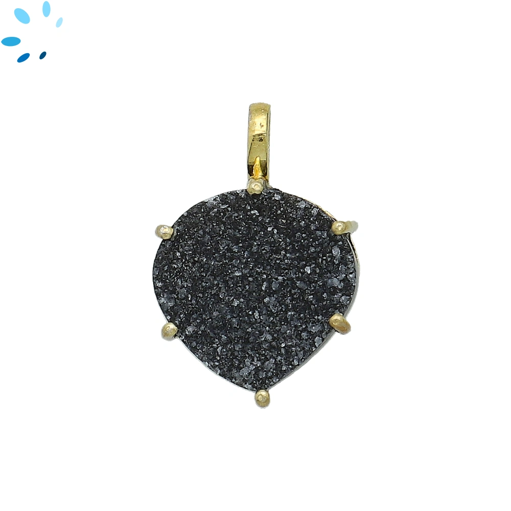 Black Druzy Heart Prong-Set Pendant Charm 16mm - 18k  Gold Plated Sterling Silver - 1 Piece