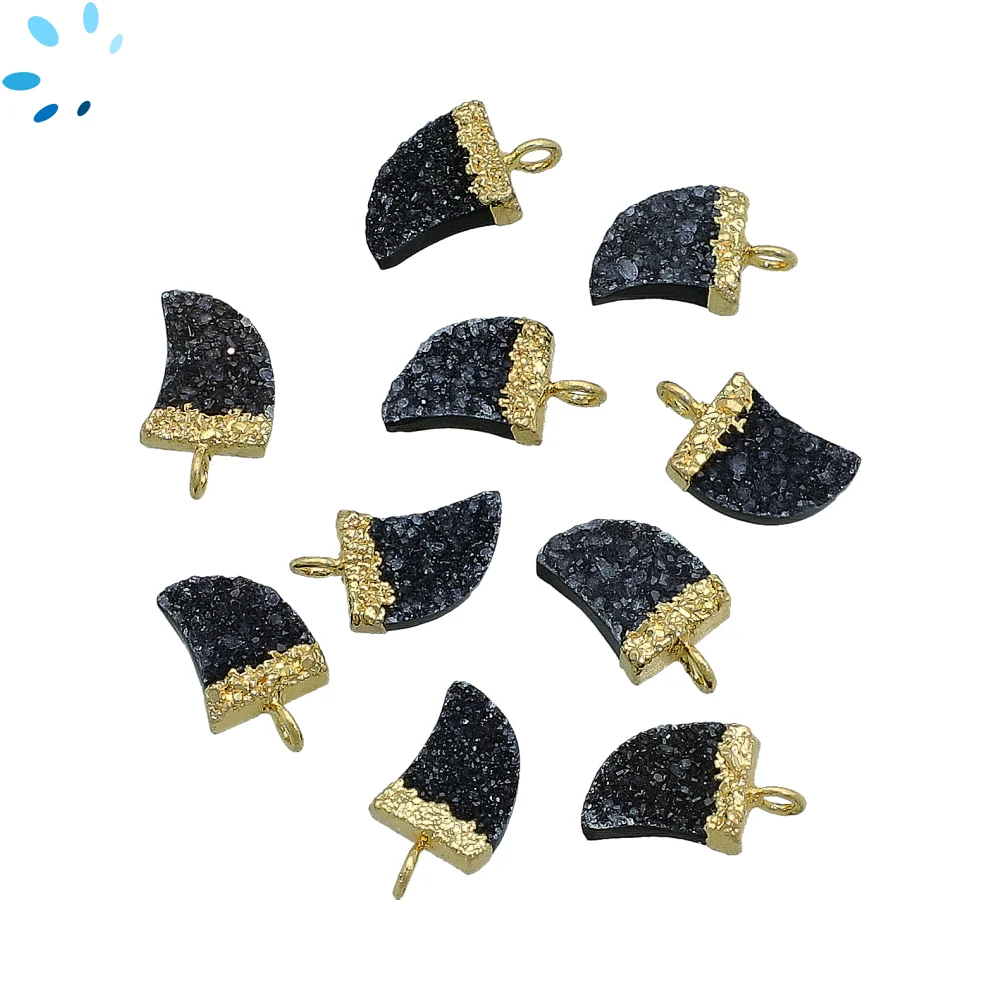 Black Druzy Horn Pendant Charm 10x9mm 18k Gold Electroplated - Set of 4