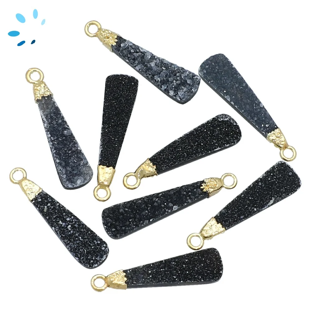 Black Druzy Long Drop Pendant Charm 23x7 - 25x8mm 18k Gold Electroplated -  Set of 2