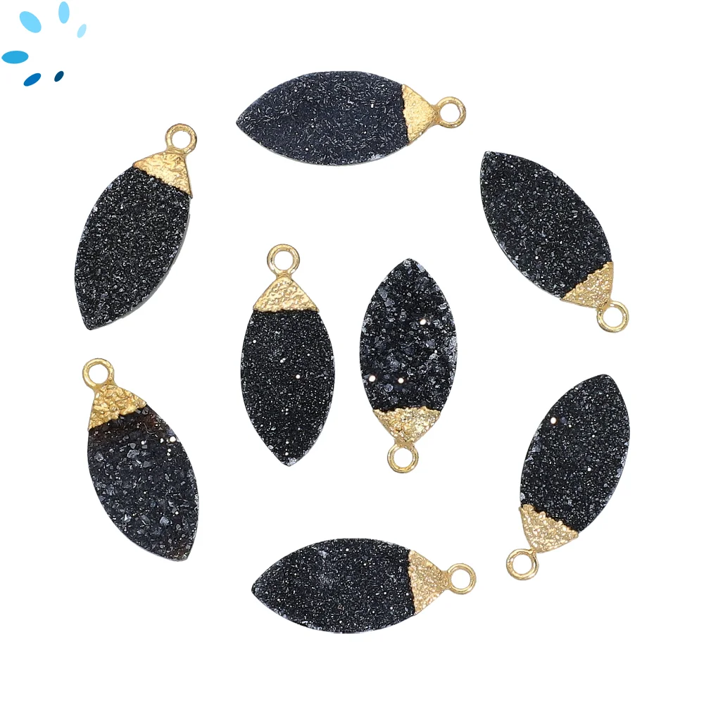 Black Druzy Marquise Pendant Charm 17x8mm 18k Gold Electroplated - Set of 4