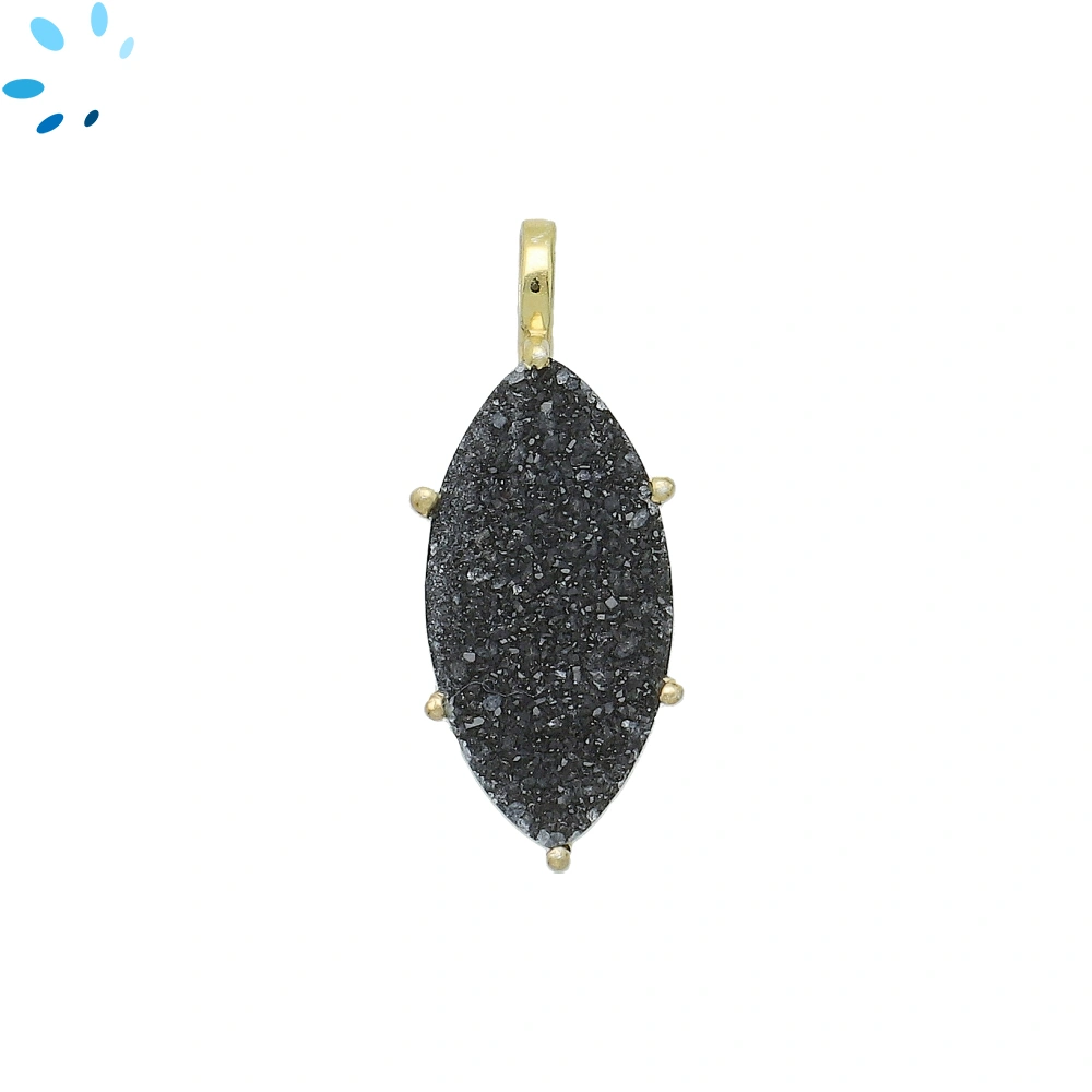 Black Druzy Marquise Prong-Set Pendant Charm 23x12mm - 18k  Gold Plated Sterling Silver - 1 Piece