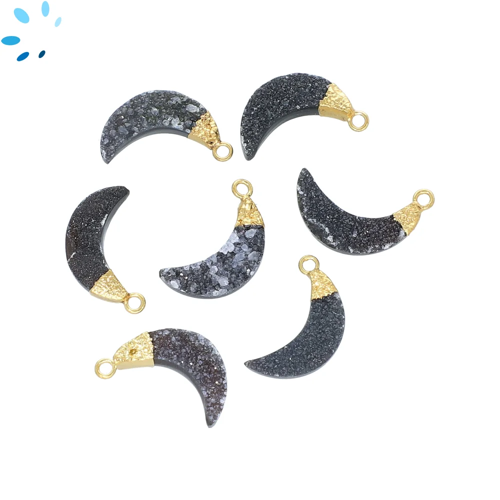 Black Druzy Moon Pendant Charm 15x5 - 17x6mm 18k Gold Electroplated - Set of 4