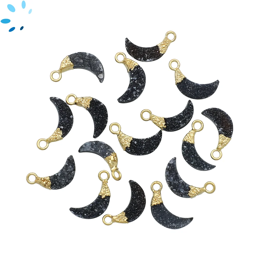 Black Druzy Moon Pendant Charm 9x3mm 18k Gold Electroplated - Set of 4