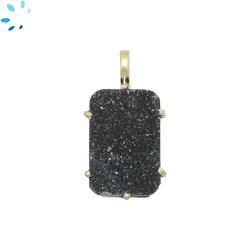 Black Druzy Octagon Prong-Set Pendant Charm 19x13mm - 18k  Gold Plated Sterling Silver - 1 Piece