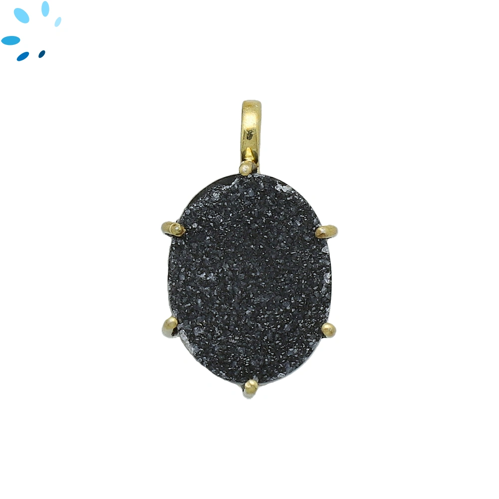 Black Druzy Oval Prong-Set Pendant Charm 20x15mm - 18k  Gold Plated Sterling Silver - 1 Piece