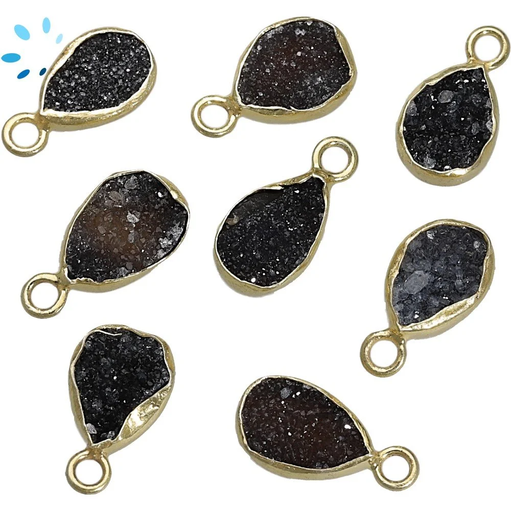 Black Druzy Pear Bezel Charm Pendant 10x7 - 12x8mm - 18k Gold Plated Sterling Silver - Set of 4