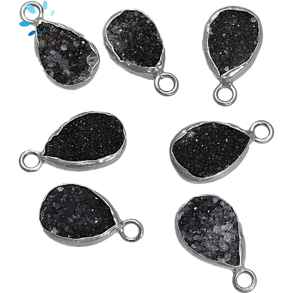 Black Druzy Pear Bezel Charm Pendant 10x7 - 12x8mm - Platinum Plated Sterling Silver - Set of 4