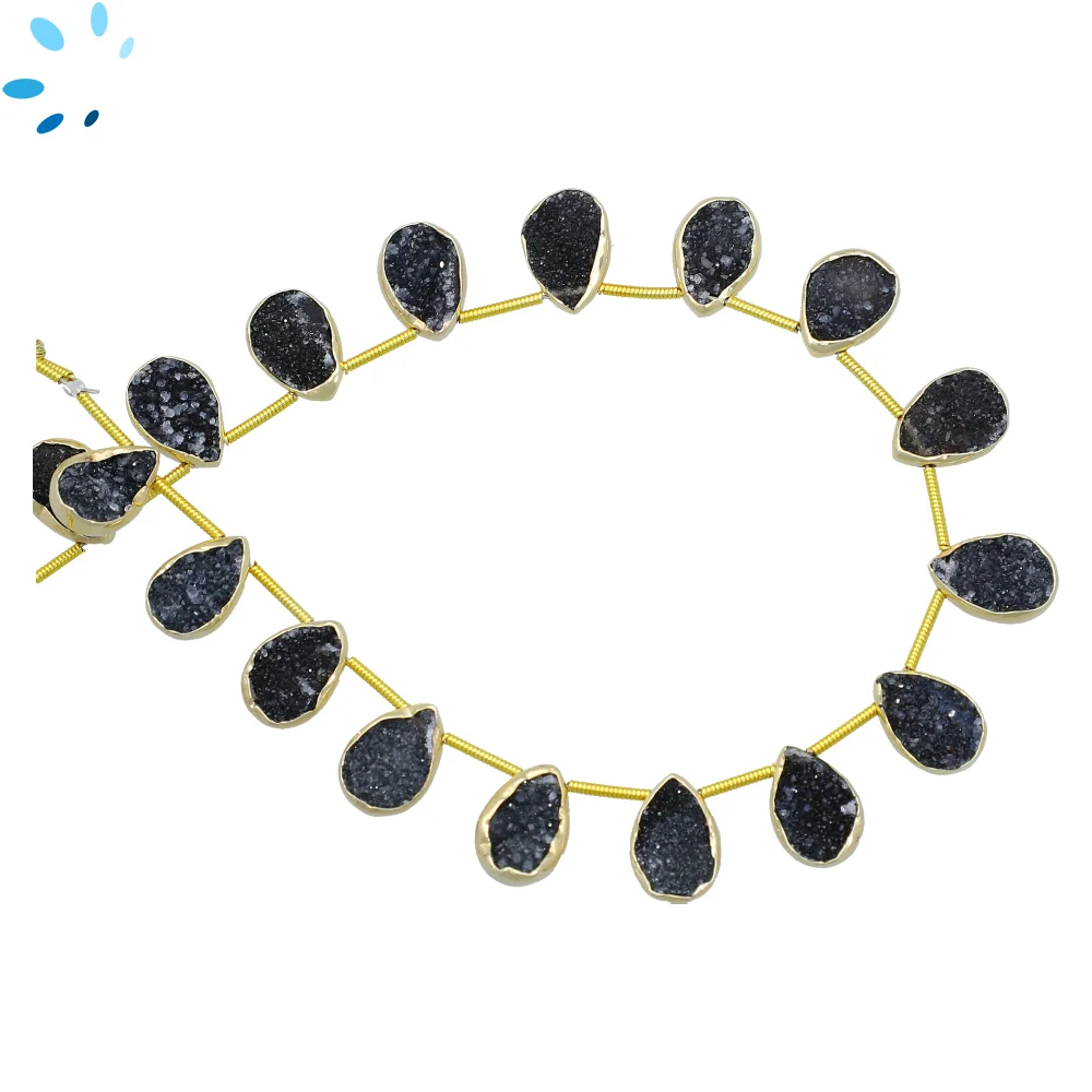Black Druzy Pear Bezel Set Beads 10x7 - 12x8mm Top Drilled - 18k Gold Plated Sterling Silver