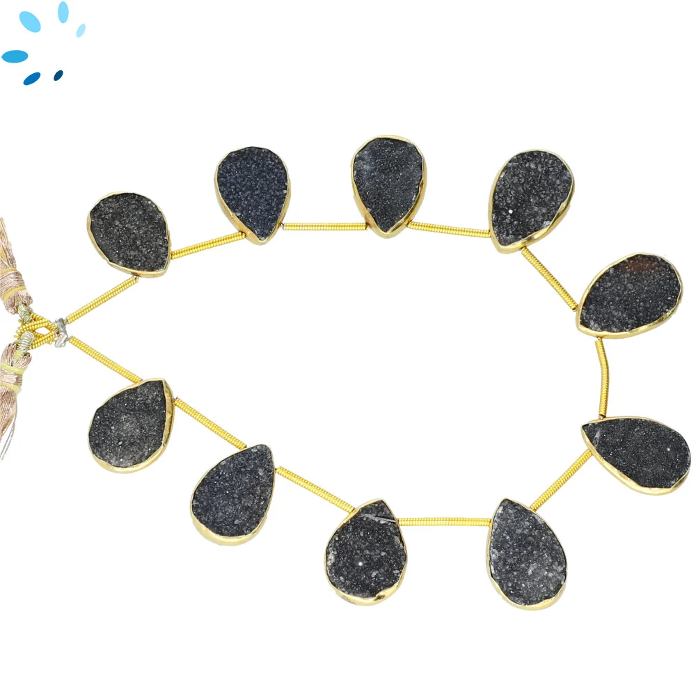 Black Druzy Pear Bezel Set Beads 15x11 - 17x13mm Top Drilled - 18k Gold Plated Sterling Silver