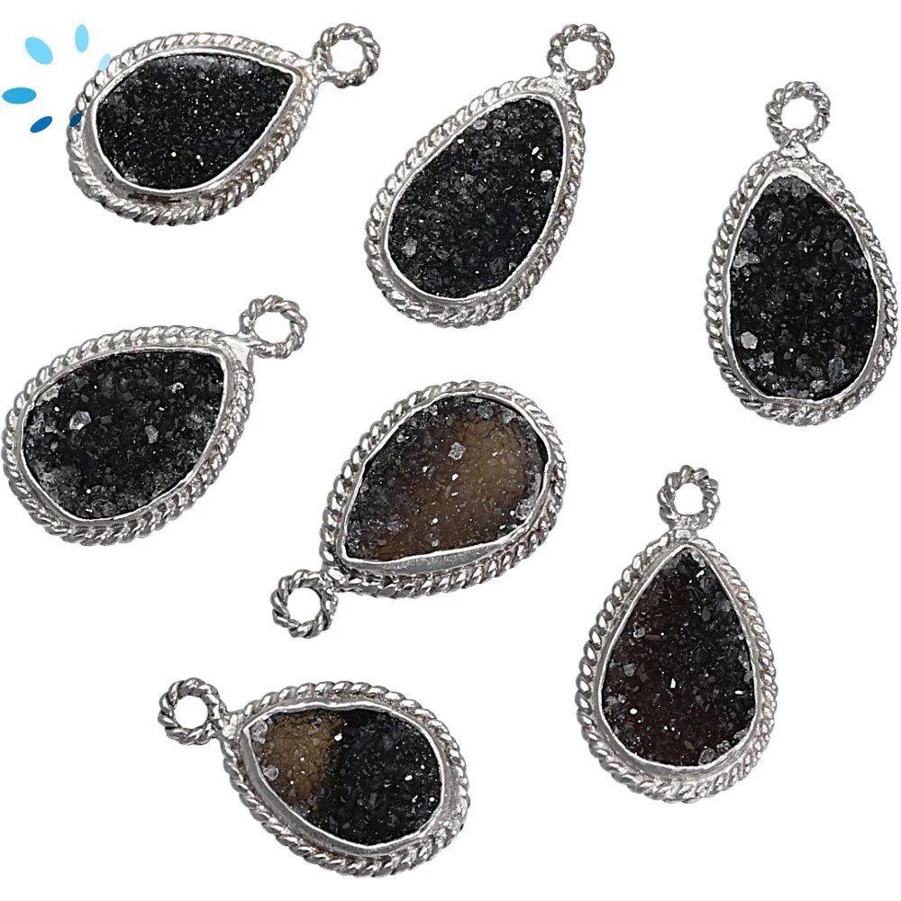 Black Druzy Pear Twisted Wire Bezel Pendant Charm 10x7 - 12x8mm - Platinum Plated Sterling Silver - Set of 4