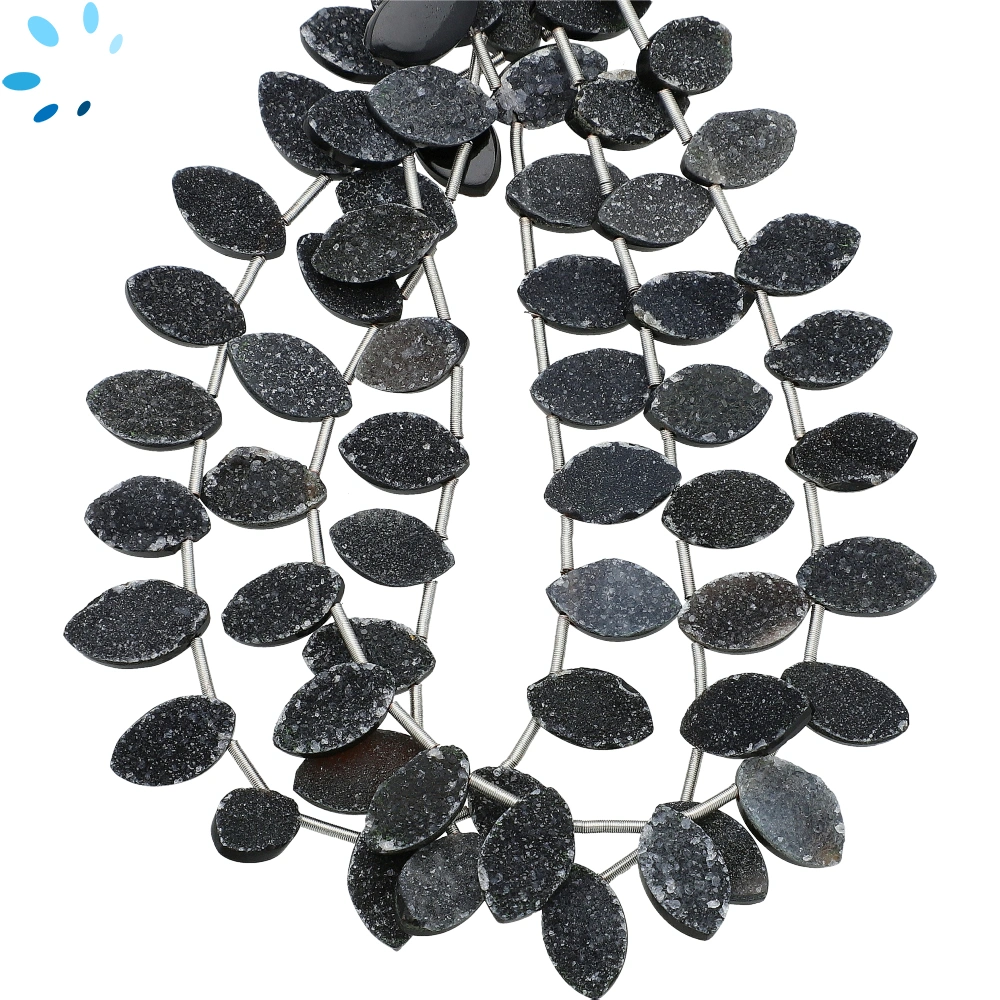 Black Druzy Rough Marquise Top Drilled Beads 12x7mm - 8 Inch Strand
