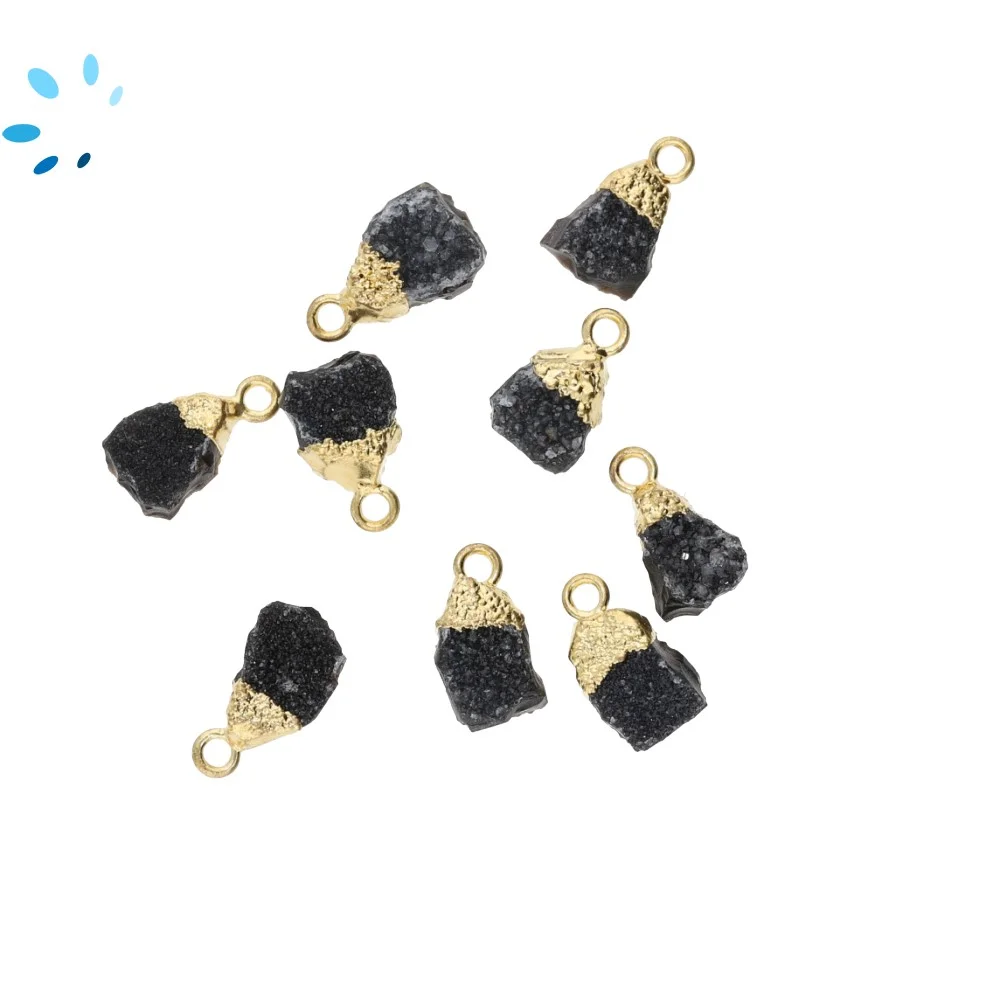 Black Druzy Rough Pendant Charm 9x7mm 18k Gold Electroplated - Set of 4