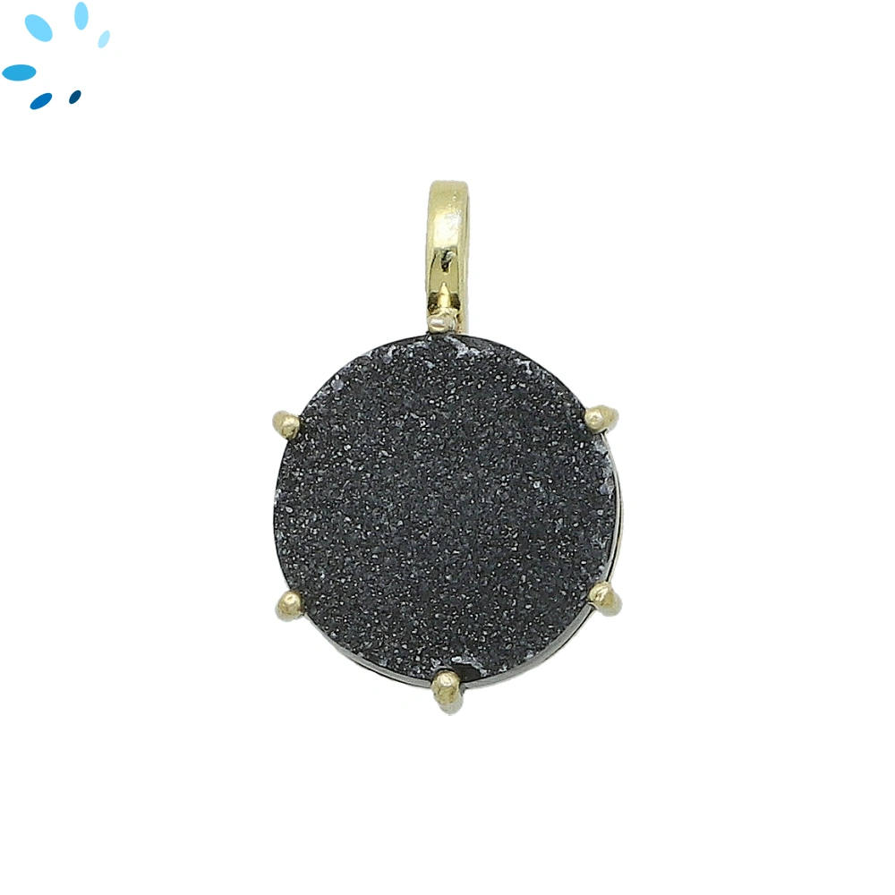 Black Druzy Round Prong-Set Pendant Charm 16mm - 18k  Gold Plated Sterling Silver - 1 Piece