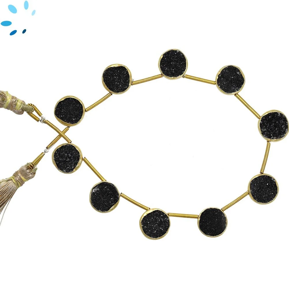 Black Druzy Smooth Coin Bezel Set Beads 10mm Top Drilled - 18k Gold Plated Sterling Silver