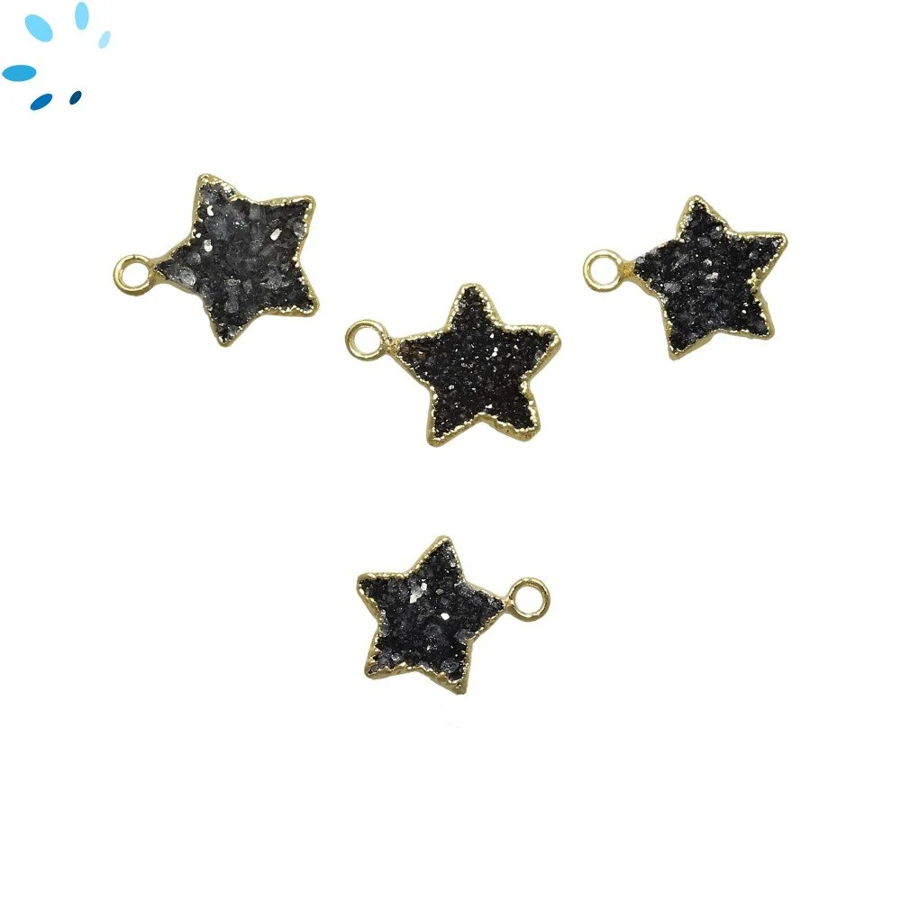 Black Druzy Star Charm Pendant 10-11mm Silver Electroplated - Set of 8