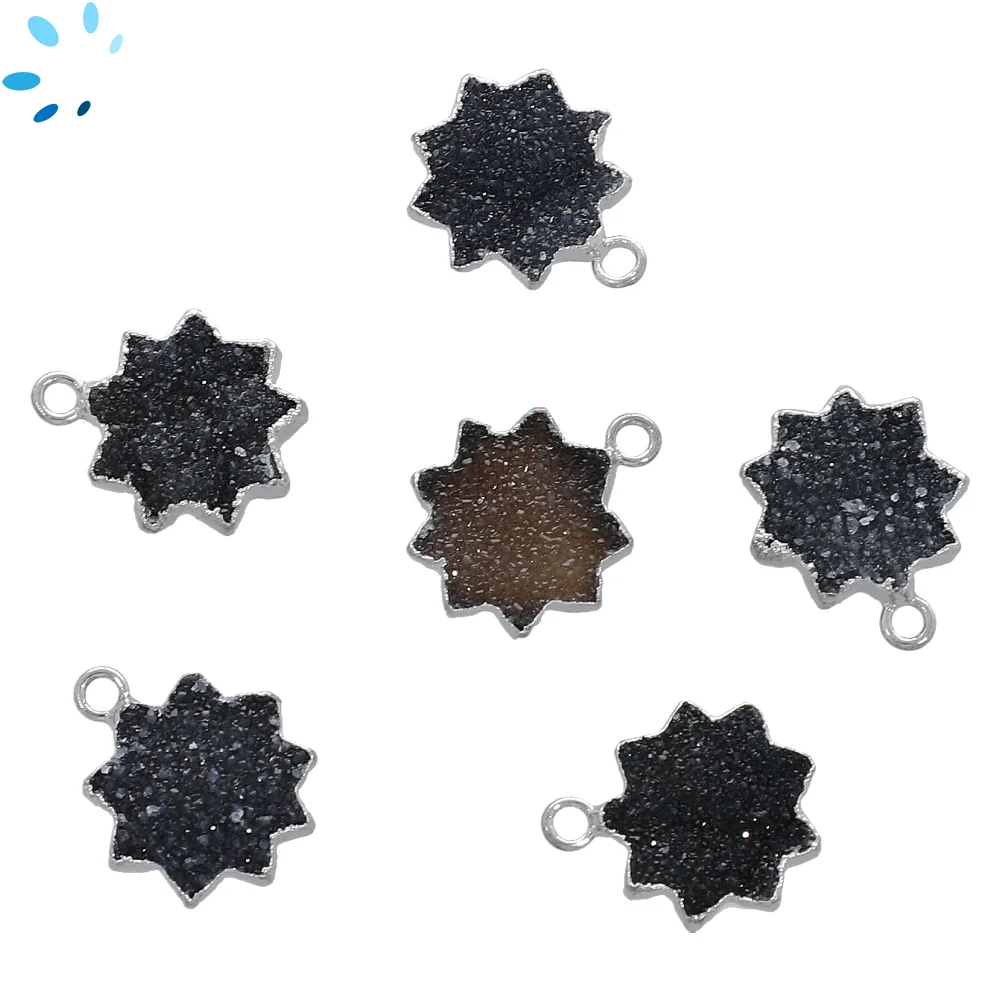 Black Druzy Sun Charm Pendant 13mm Silver Electroplated - Set of 2