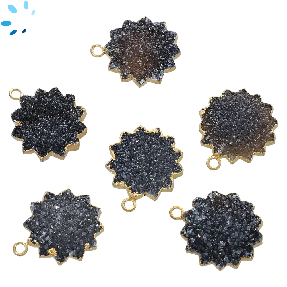 Black Druzy Sun Charm Pendant 17mm 18k Gold Electroplated - Set of 2