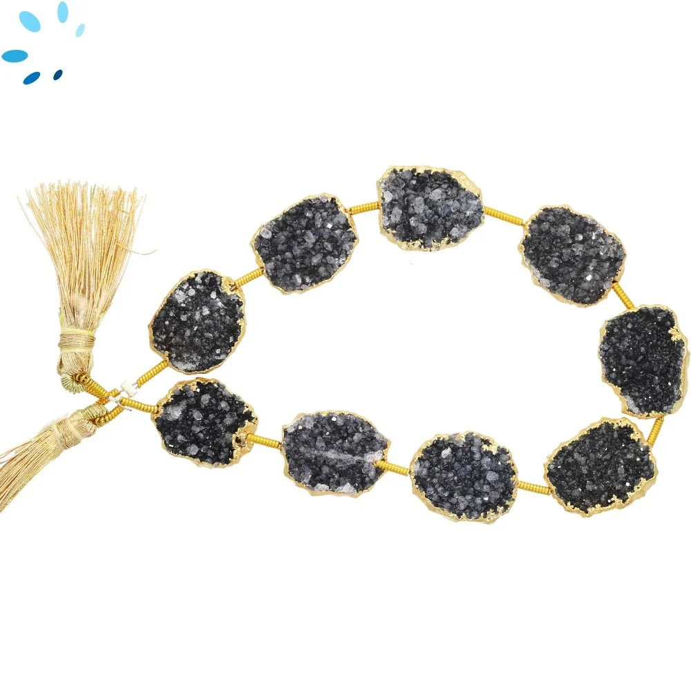 Black Druzy Top to Bottom Drilled Slice Beads 15x11 - 17x13mm - 18k Gold Electroplated
