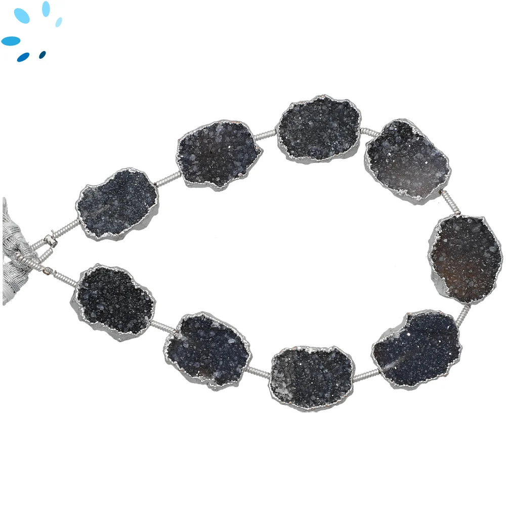 Black Druzy Top to Bottom Drilled Slice Beads 15x12mm - Platinum Electroplated