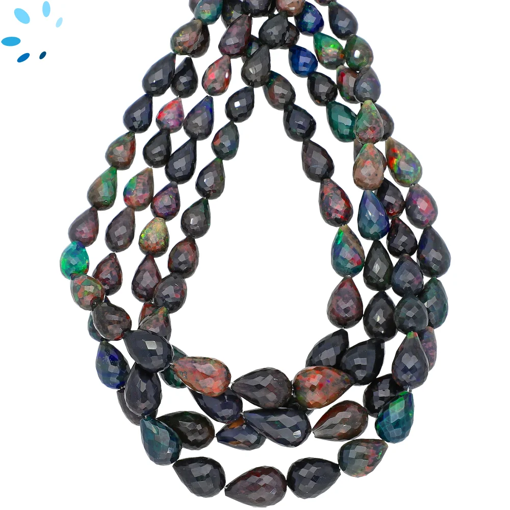 Black Ethiopian Opal Faceted Drop Top to Bottom Drilled Beads 8x6 - 10x7mm - 13 Inch Strand