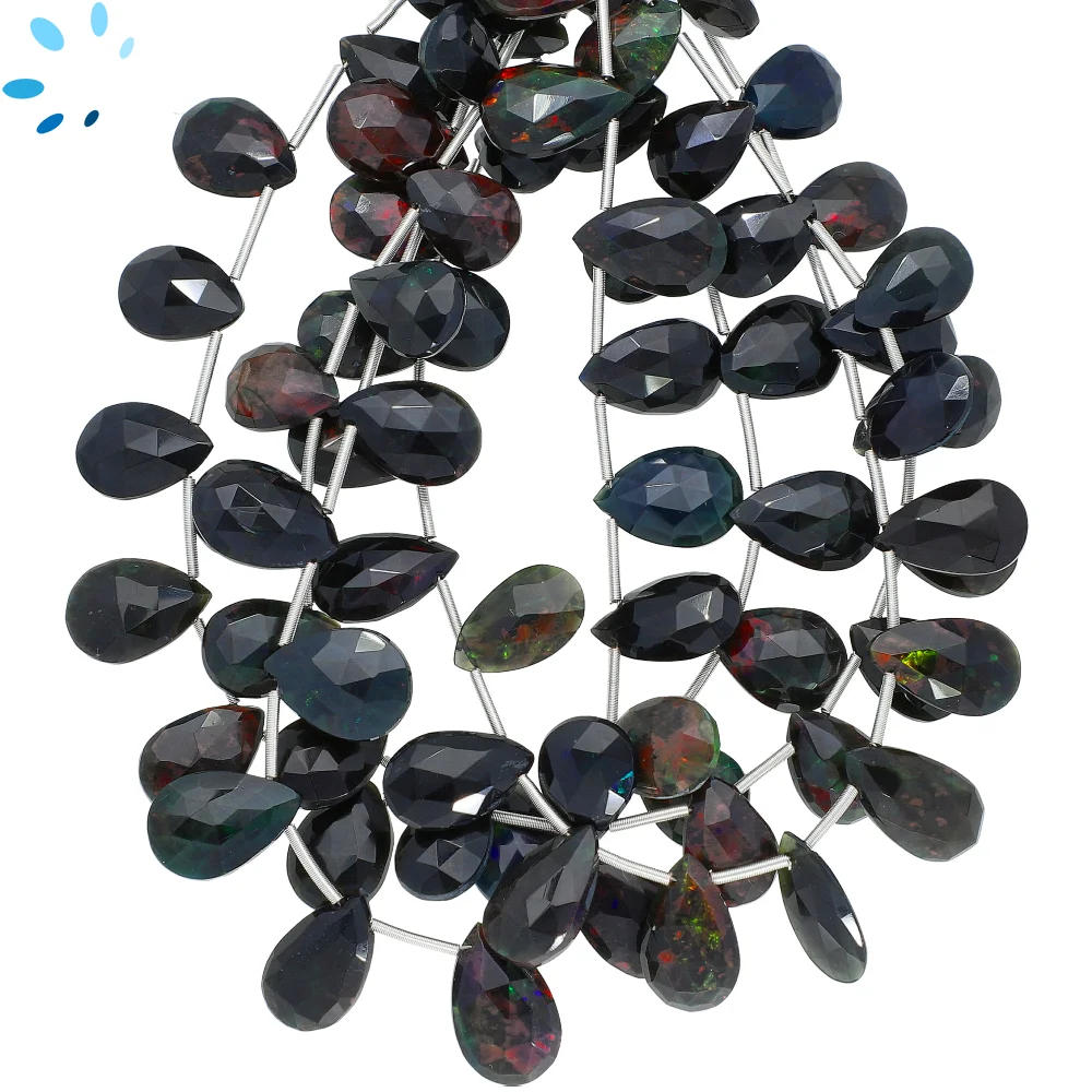 Black Ethiopian Opal Faceted Pear Top Drilled Beads 13x10mm - 8 Inch Strand