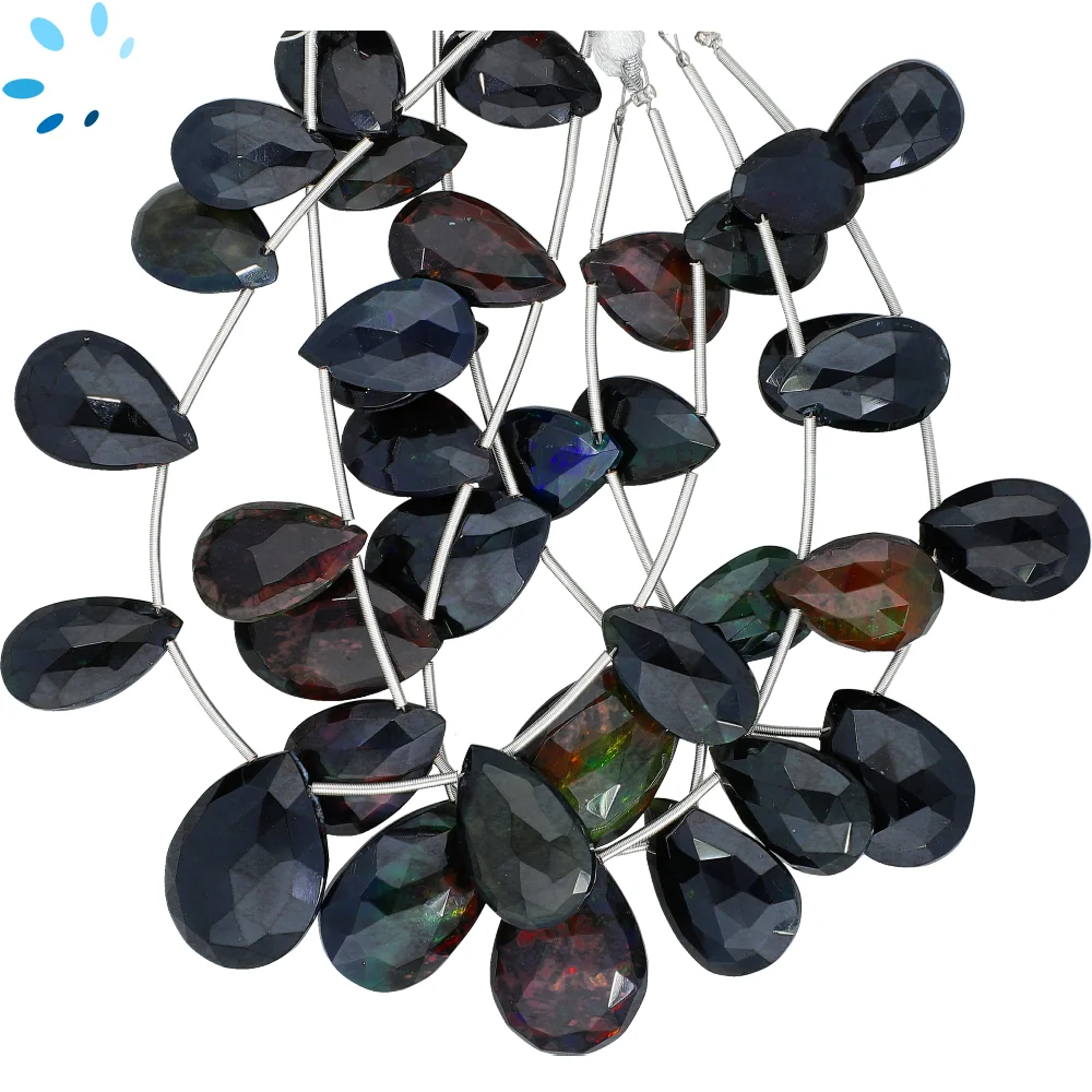 Black Ethiopian Opal Faceted Pear Top Drilled Beads 15x10 - 18x12mm - 6 Inch Strand