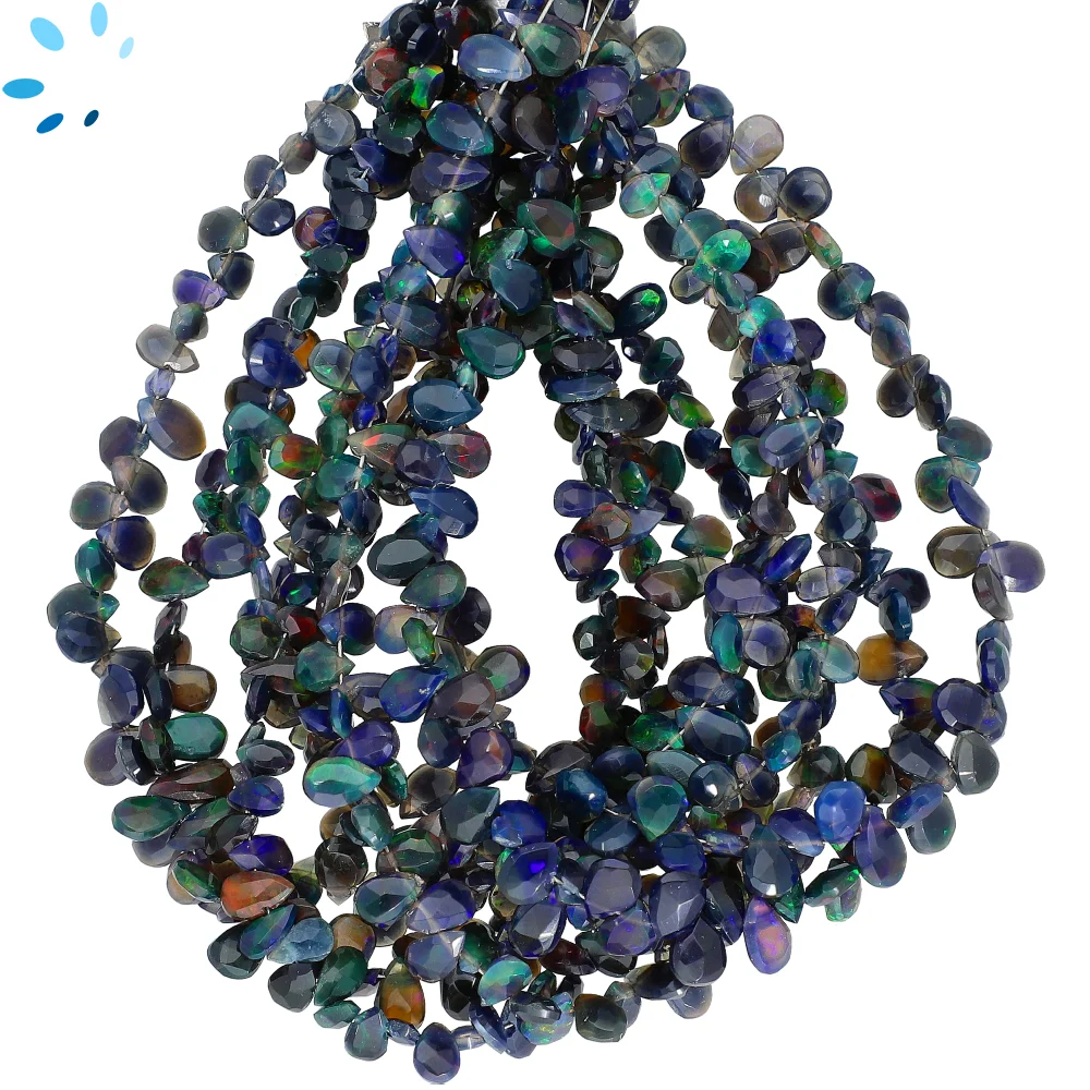 Black Ethiopian Opal Faceted Pear Top Drilled Beads 6x4mm - 8 Inch Strand