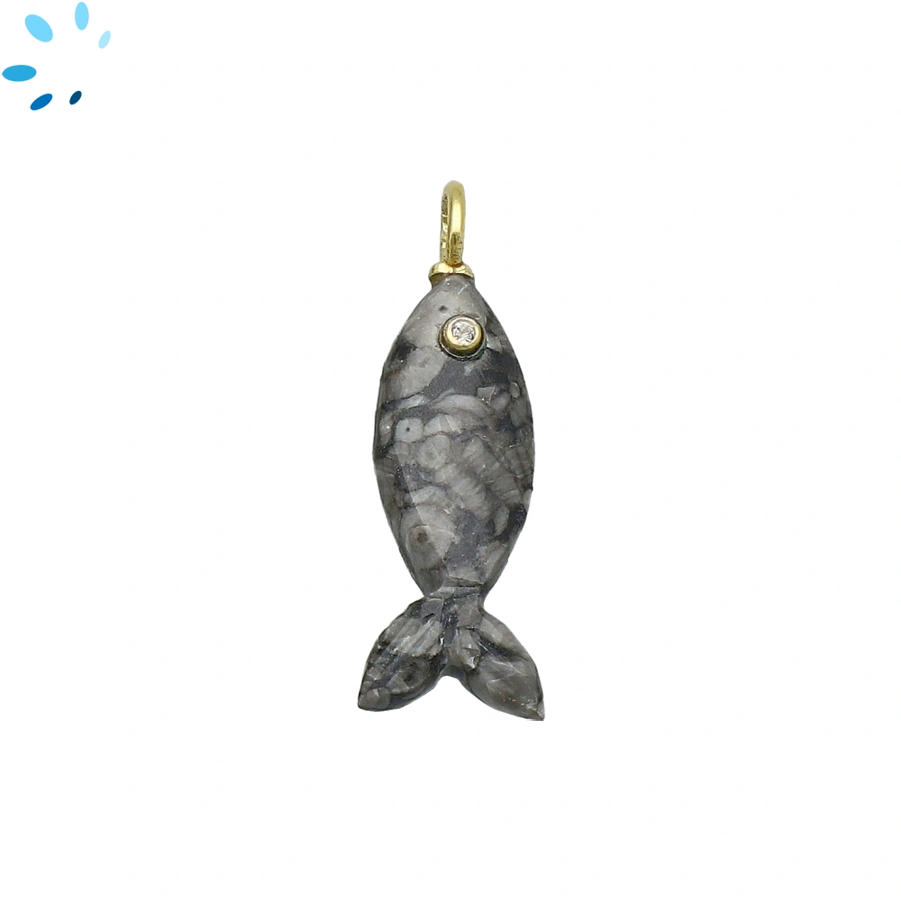 Black Jasper & White Topaz Vertical Elongated Fish Inlay Pendant Charm 25x9mm - 18k Gold Plated Sterling Silver
