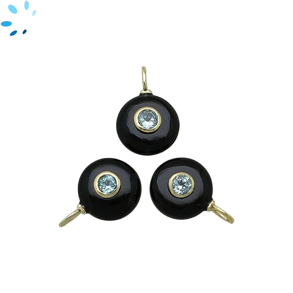 Black Onyx & Blue Topaz Round Inlay Charm Pendant 12mm - 18k Gold Plated Sterling Silver - 1 Piece