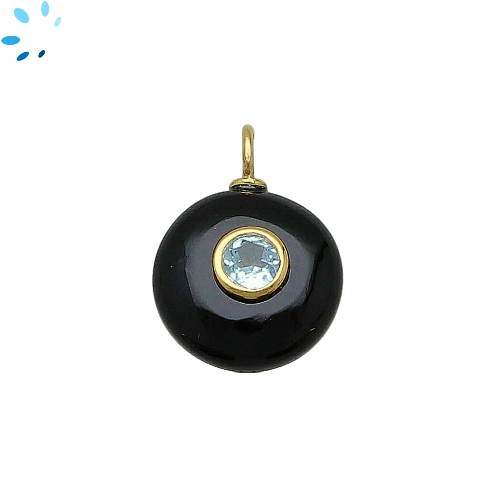 Black Onyx & Blue Topaz Round Inlay Pendant Charm 16mm - 18k Gold Plated Sterling Silver