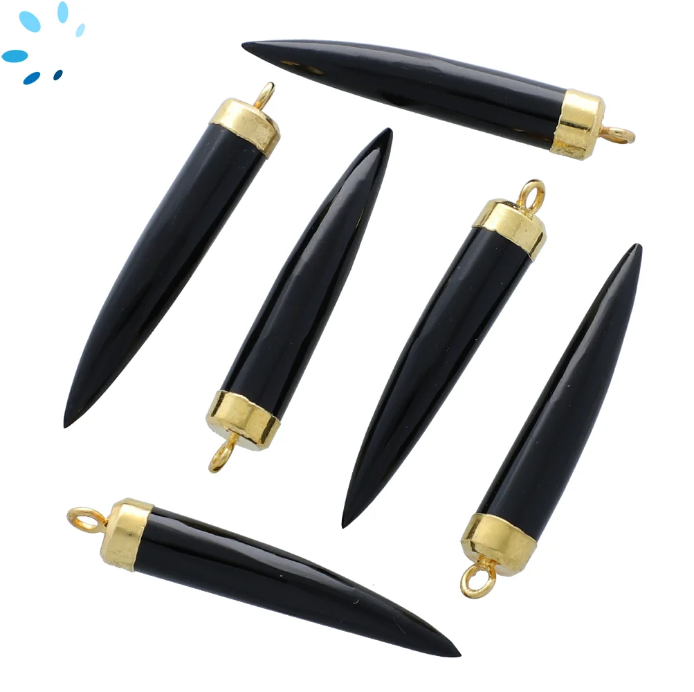 Black Onyx Chili Charm Pendant 35x6 - 38x6mm 18k Gold Electroplated -  Set of 2