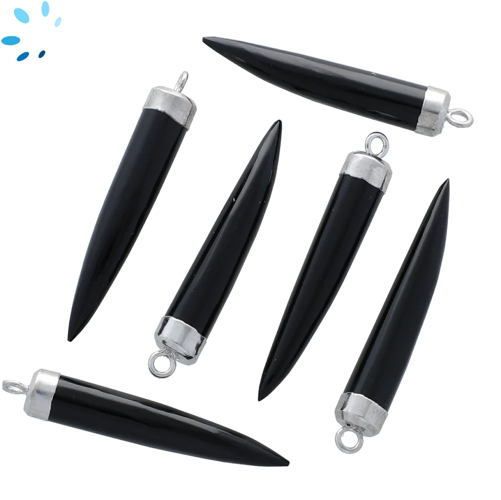 Black Onyx Chili Pendant Charm 35x6 - 38x6mm Silver Electroplated -  Set of 2
