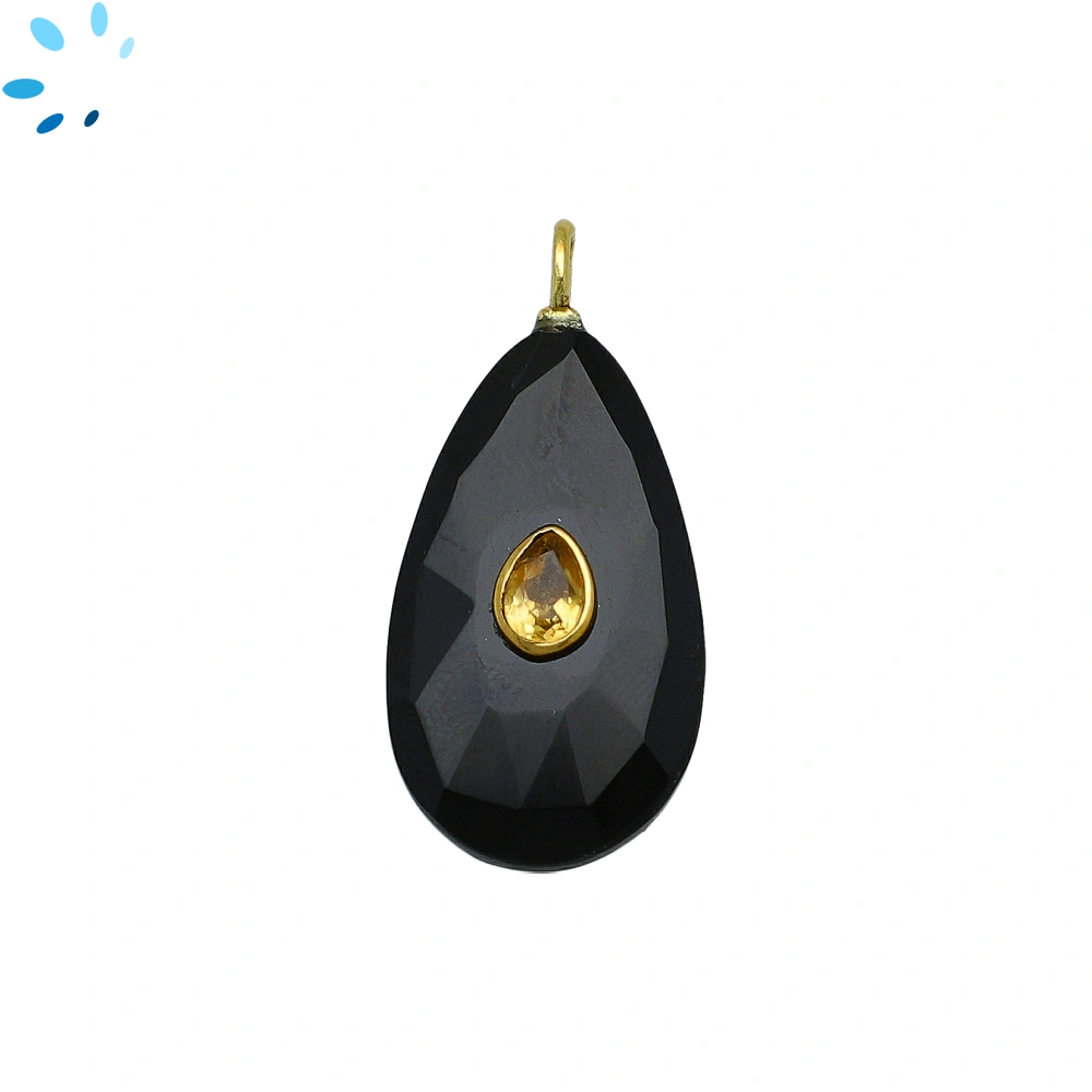 Black Onyx & Citrine Pear Inlay Pendant Charm 29x16mm - 18k Gold Plated Sterling Silver - 1 Piece