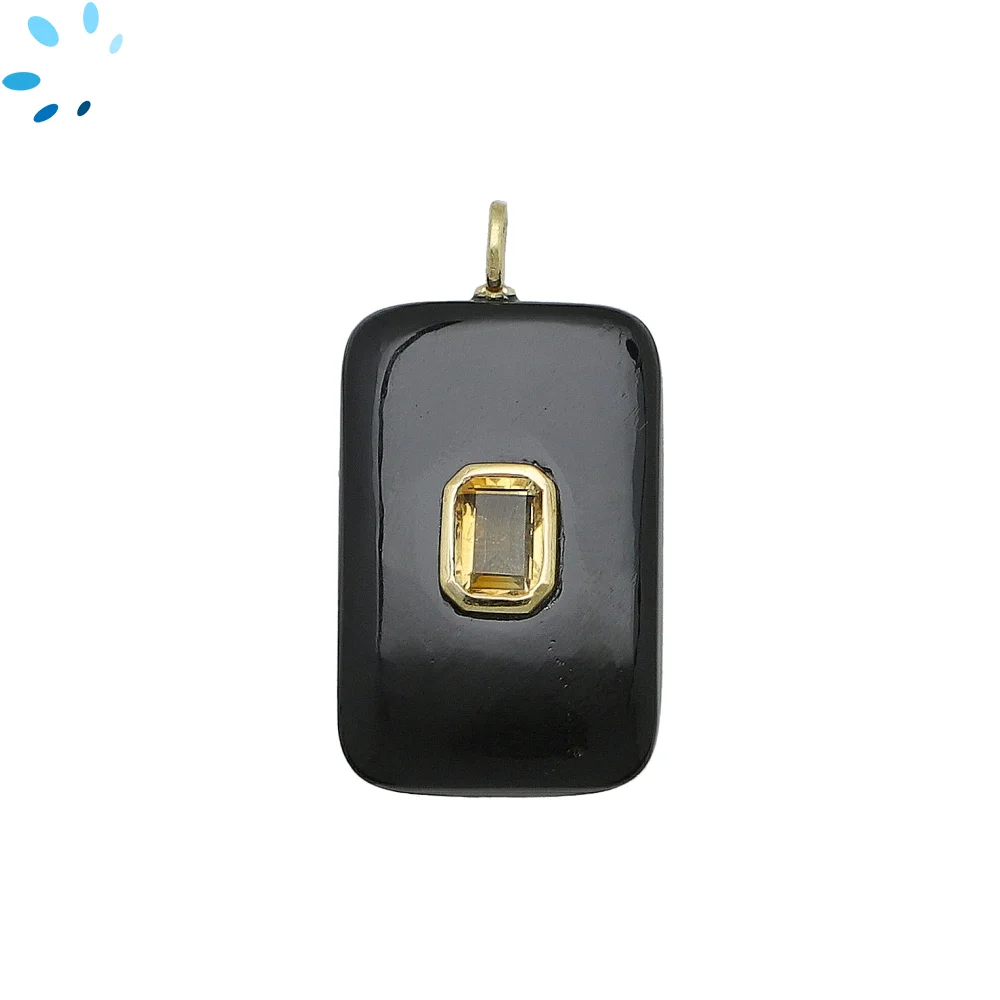 Black Onyx & Citrine Slab Rectangle Inlay Pendant Charm 28x18mm - 18k Gold Plated Sterling Silver 1 Piece