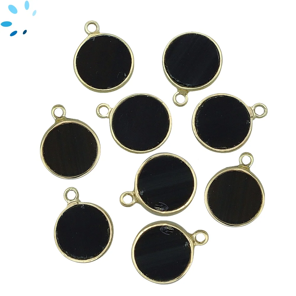 Black Onyx Coin Bezel Pendant Charm 12mm - 18k Gold Plated Sterling Silver - Set of 4