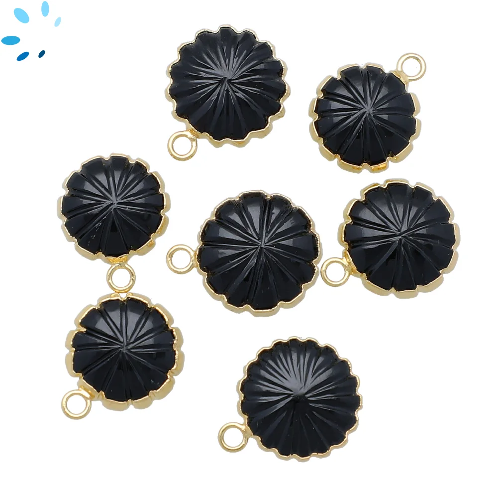Black Onyx Coin Charm Pendant 13mm 18k Gold Electroplated - Set of 4