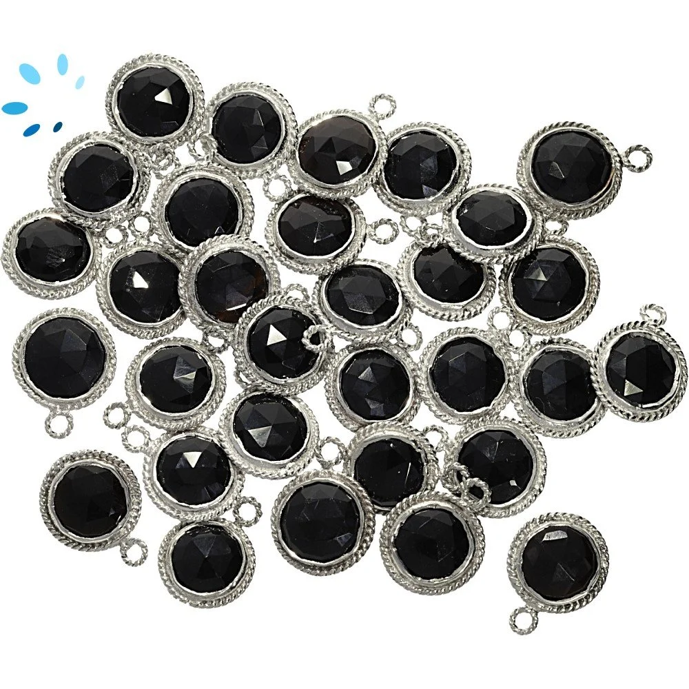 Black Onyx Coin Twisted Wire Bezel Pendant Charm 9mm - Platinum Plated Sterling Silver - Set of 4