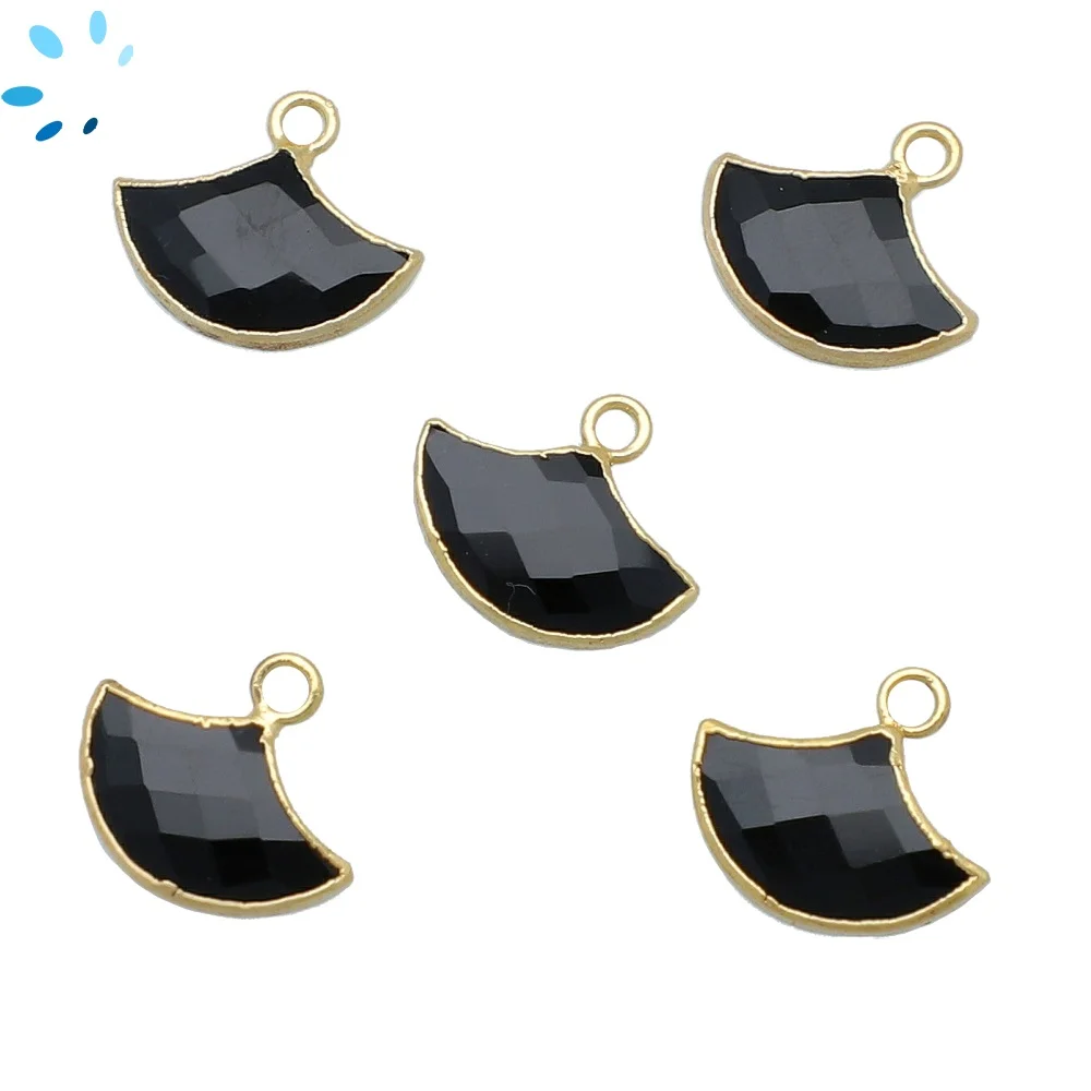 Black Onyx Fan Charm Pendant 15x10mm 18k Gold Electroplated - Set of 2