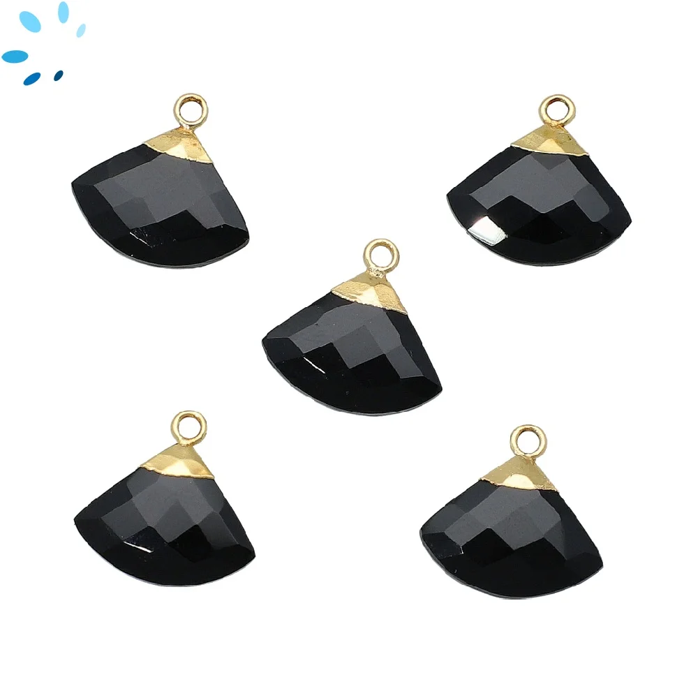 Black Onyx Fan Pendant Charm 16x13 - 18x14mm 18k Gold Electroplated - Set of 2