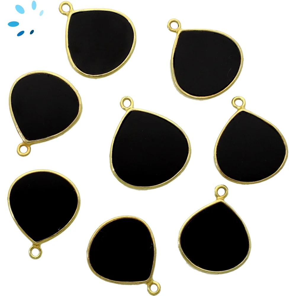 Black Onyx Heart Bezel Charm Pendant 16mm - 18k Gold Plated Sterling Silver - Set of 4