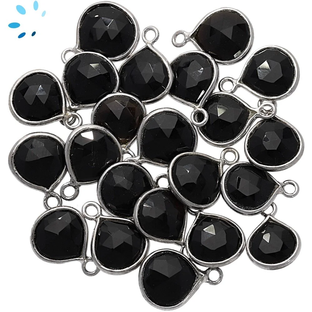 Black Onyx Heart Bezel Charm Pendant 8mm - Platinum Plated Sterling Silver - Set of 4