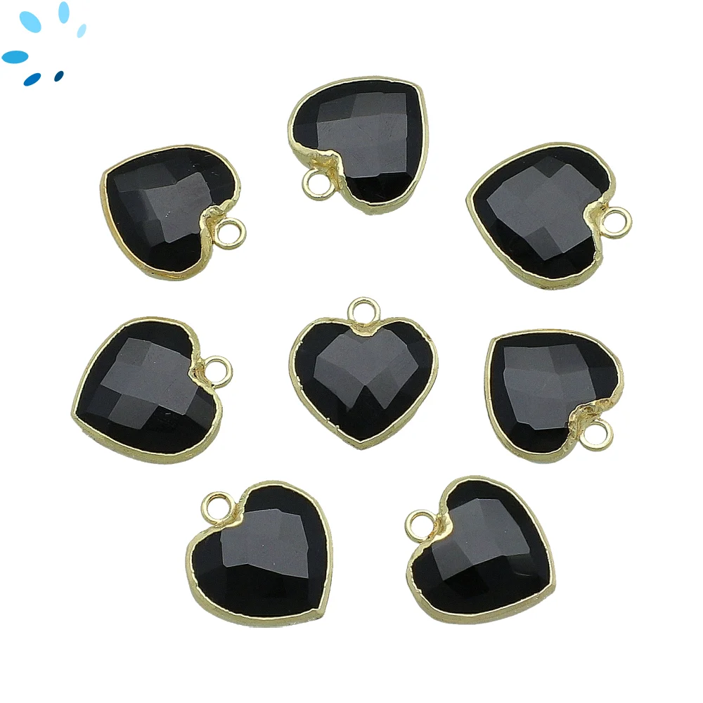 Black Onyx Heart Pendant Charm 13mm 18k Gold Electroplated - Set of 4