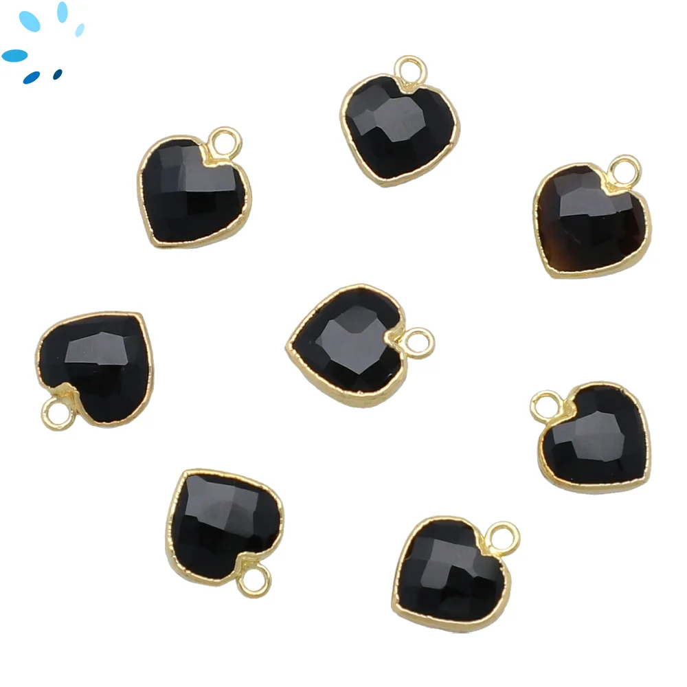 Black Onyx Heart Pendant Charm 8mm 18k Gold Electroplated - Set of 4